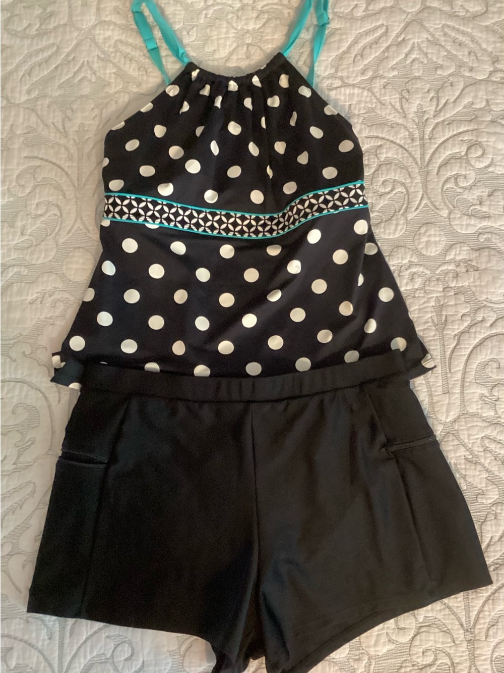 Polka Dot Tankini Set with Teal Trim